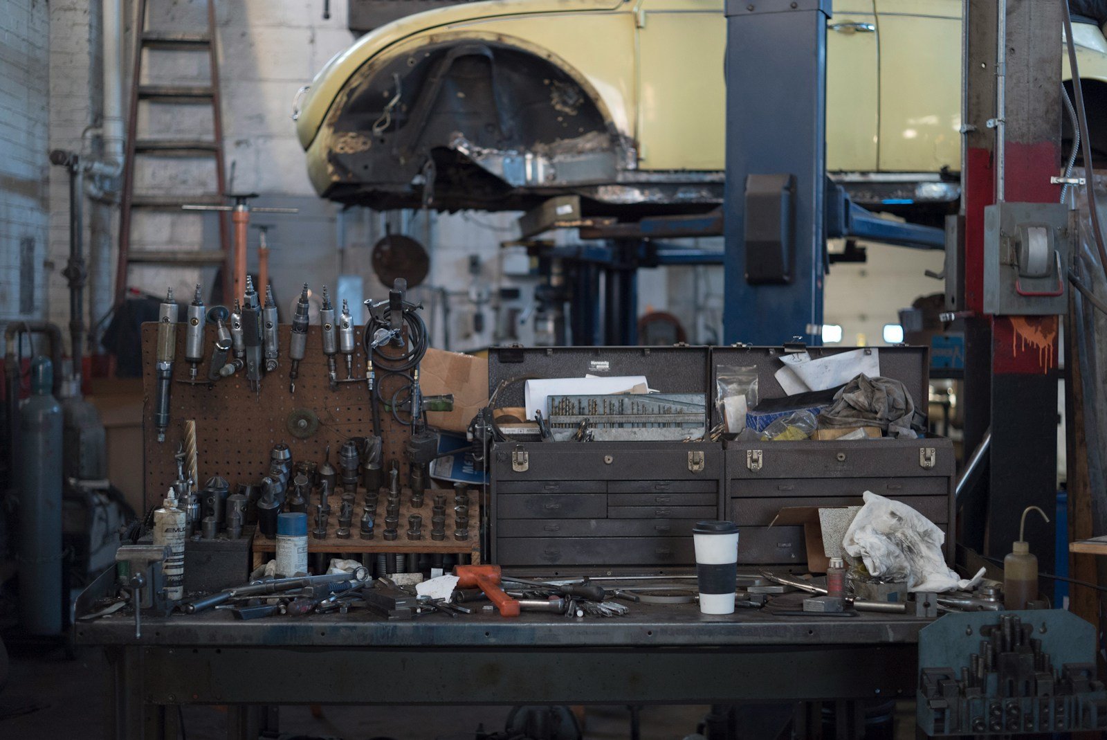 Workshop bench with mechanic's tools